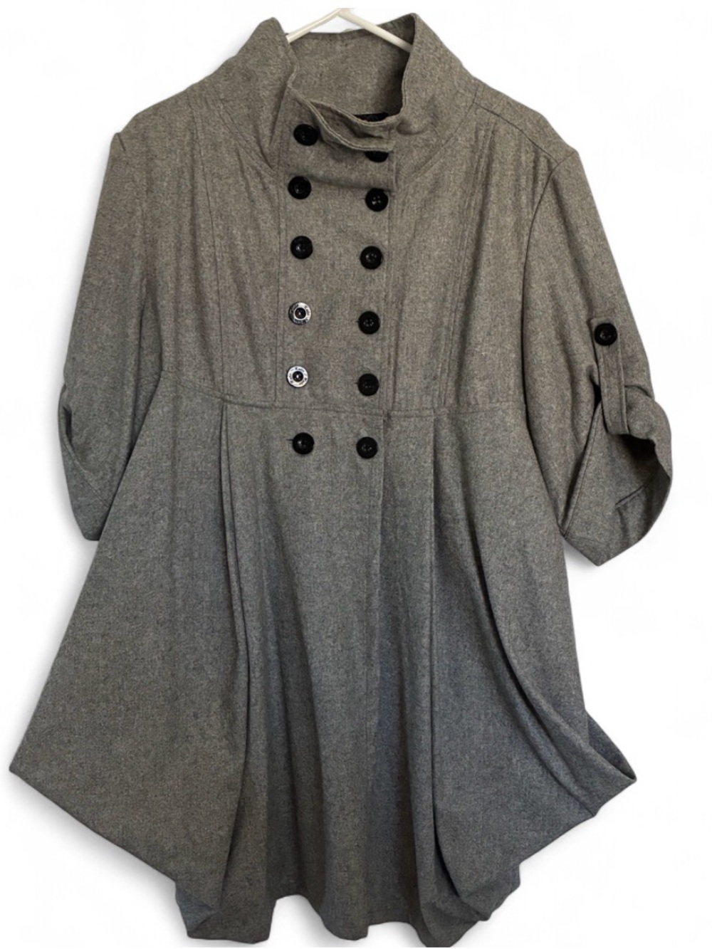 Katie Grey Petticoat Swing Coat Bubble Hem Double Breasted Funnel Neck XL NWOT